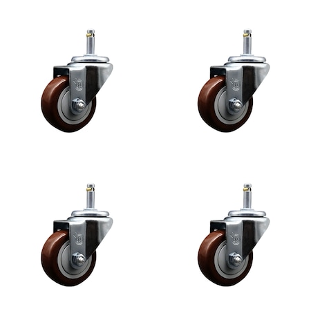 Service Caster 3'' Maroon Polyurethane Wheel Swivel 7/16'' Grip Ring Stem Caster Set, 4PK SCC-GR20S314-PPUB-MRN-716138-4